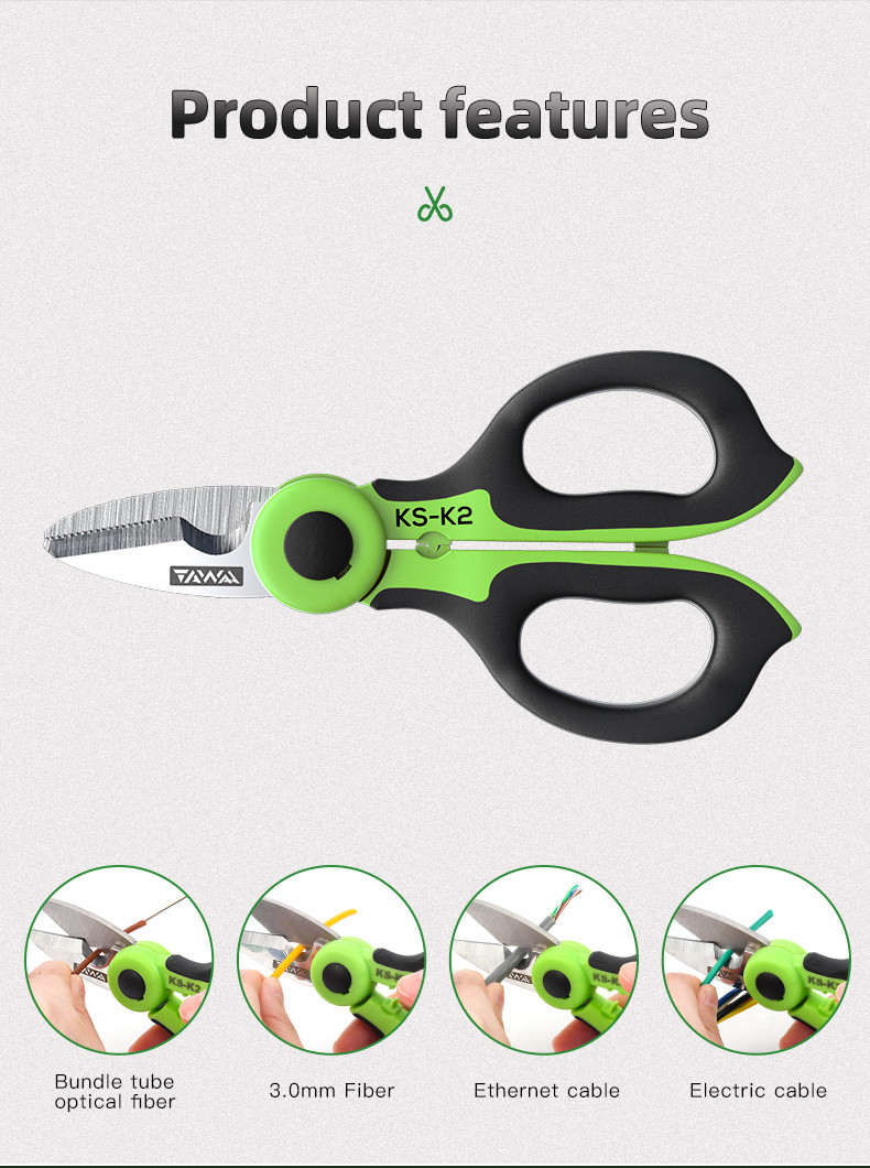 KS-K2 Fiber Optic Kevlar Cutter Stainless Steel Blade Fast Crimping Scissor Cleaver