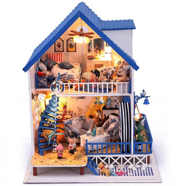 Dollhouse, DIY Lights plush House, Wooden Model, Luxury villas, Seaview,