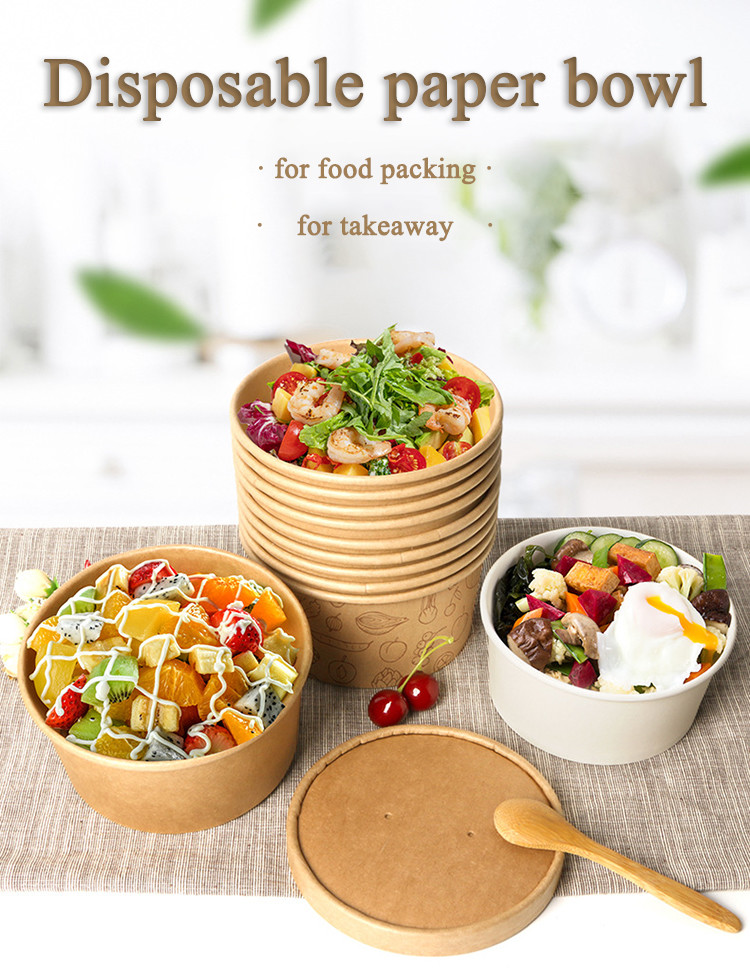 Custom Printed Wholesale Disposable Food Packing Take Away Kraft Paper Salad Noodles Soup Bowls with Lids