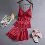 Summer Sleeveless Ice Silk Sexy Suspenders Knickers Lace Satin Pajama Set For