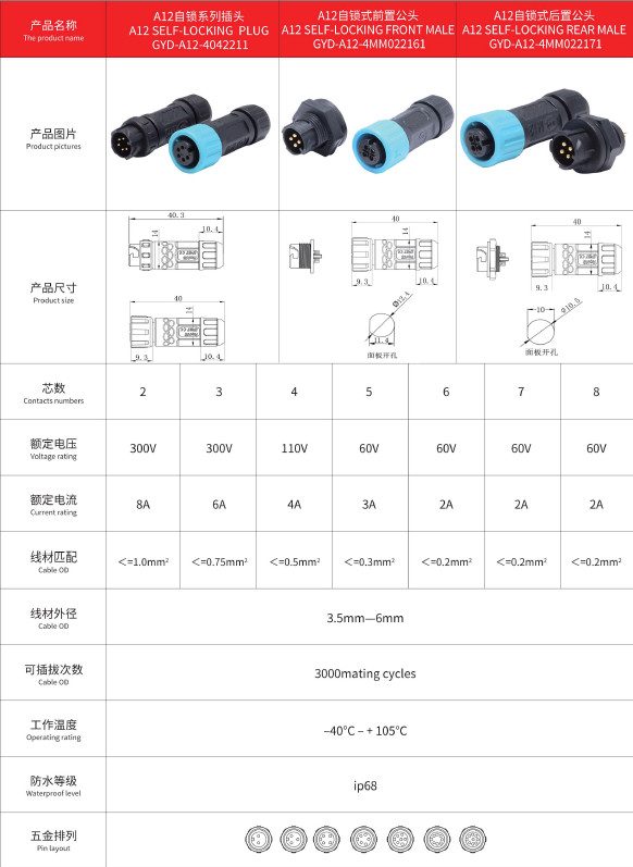 Ip68 A12 Nylon Aviation Pluggable Male And Female Plug Power Cord Self-Locking Waterproof Connector