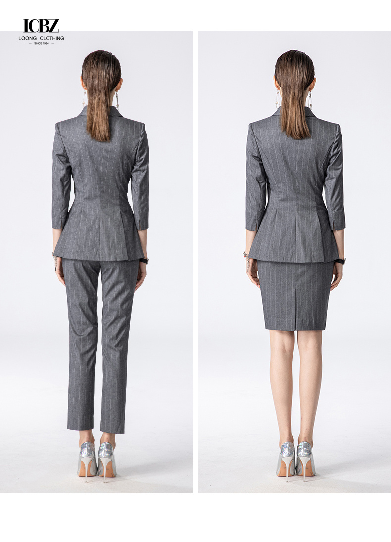Solid Pattern Women's Office Wear Custom Dark Gray Striped Professional Work Suit