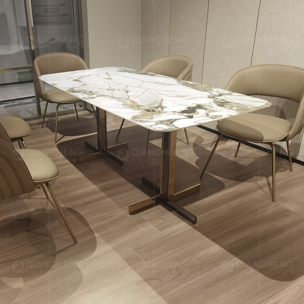 White 180x90x75cm Luxury Marble Dining Table Golden Stainless Steel Base