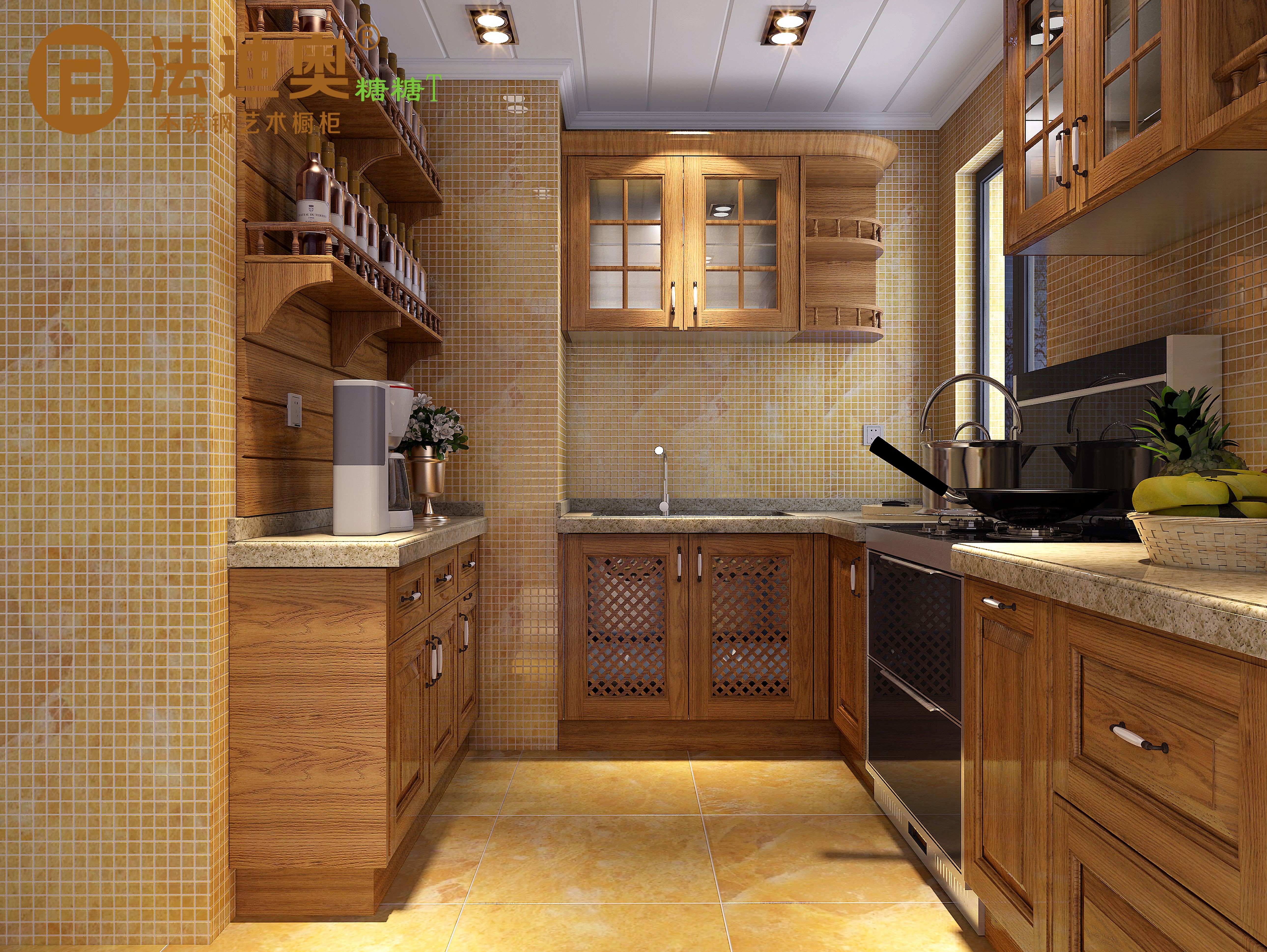 Fadior Wooden-Texture Stainless Steel Kitchen Cabinets With Glass Doors And Open Shelving