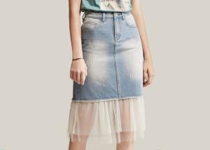 Wholesale ODM OEM High Waisted Denim Skirt Tulle Mesh PatchedHem Light Indigo Jeans Wrap Skirt from china suppliers
