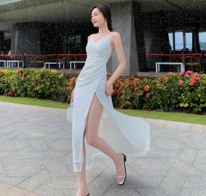 Wholesale White Split Suspender Long Womens Vacation Dresses Sexy Halter Low Cut V Neck from china suppliers