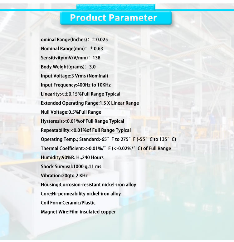 0.63mm Nominal Range UNIVO AC LVDT Displacement Sensor for High Temperature Applications
