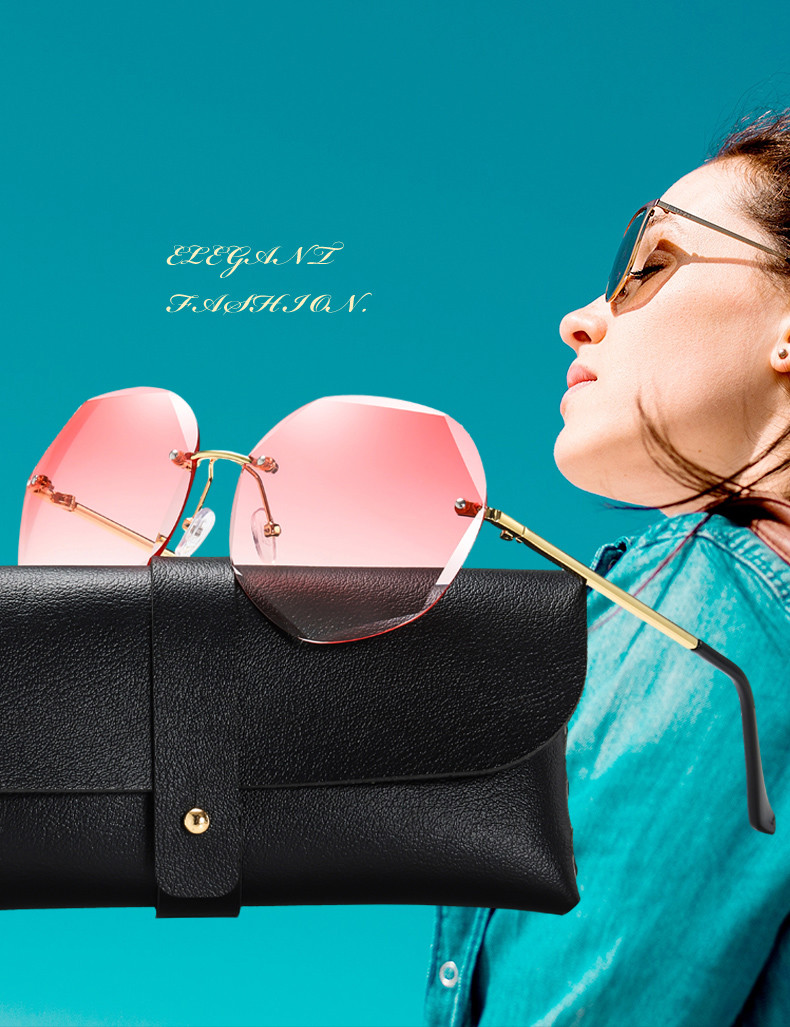 Colorful Gradient Lens Rivets Fashion Rimless Women Sunglasses