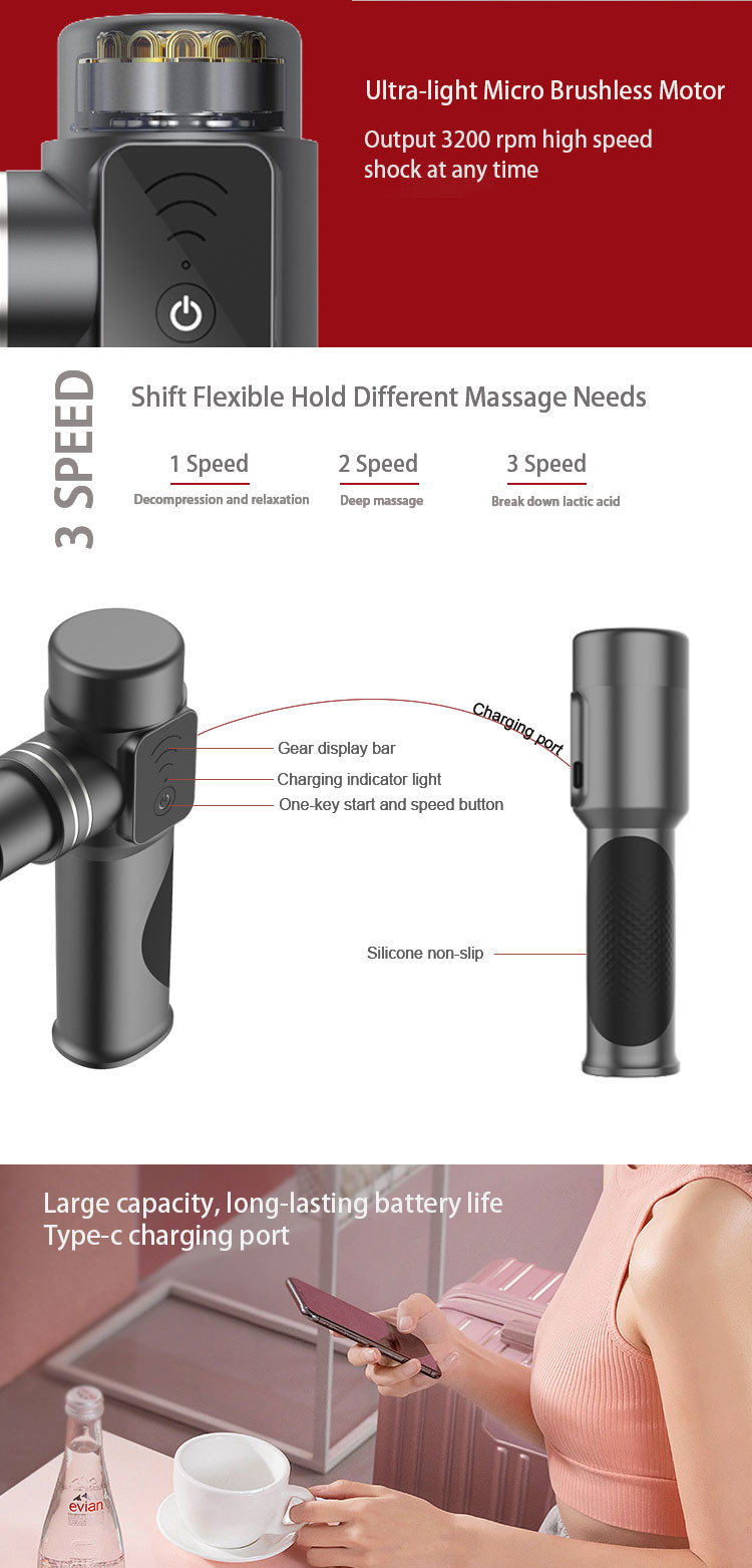 Portable Mini Muscle Massage Gun 1700 - 2650rpm With Brushless Motor