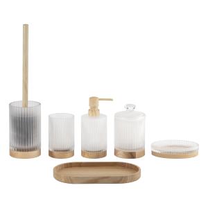 Wholesale Frosted Glass Bathroom Shower Accessories Set Lotion Pump Containers Natural Wooden Parts from china suppliers