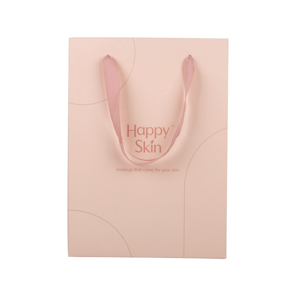 Eco Friendly Pink Paper Packaging Bags For Cosmetic With Ribbon Handle