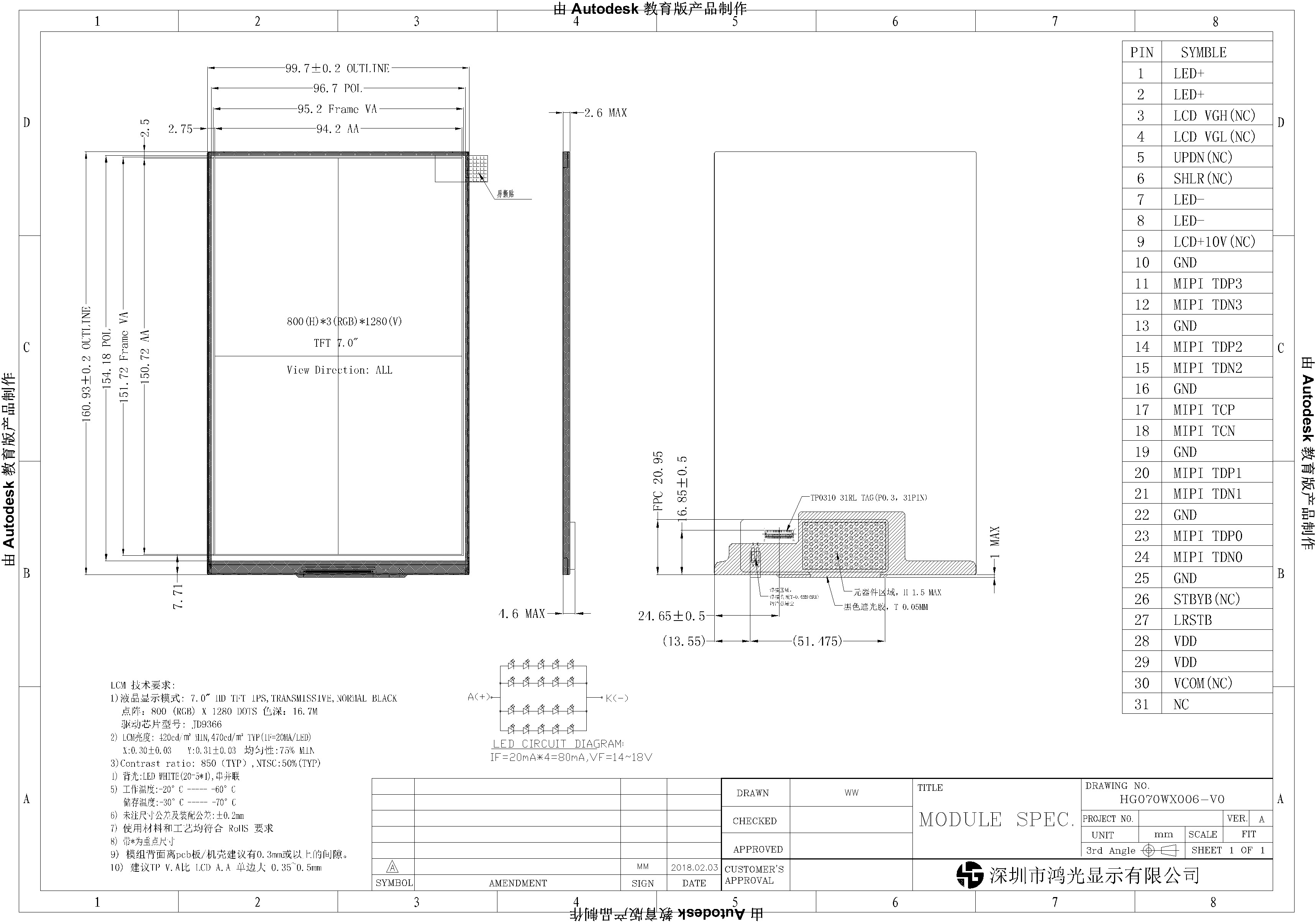 7.0 inch MIPI interface, TFT, full perspective, resolution of 800 * 1280 LCD TFT Display