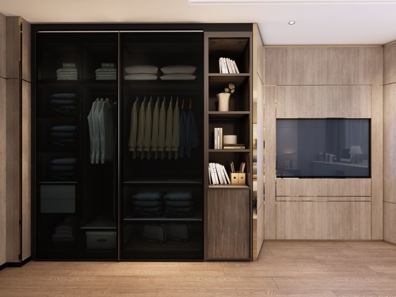 Minimalist Diagonal Cut TV Wall Kids Wardrobe Wood Grain Stainless Steel Material