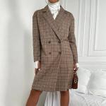Office Ladies Notched Collar Plaid Coat Women Blazer Double Breasted Trench