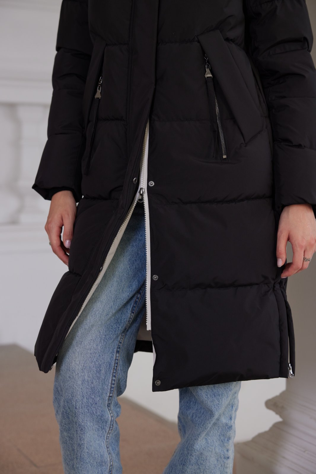 Classic Contrast Color Medium Length Thickened Down / Cotton Jacket, lower knees length, water proof, windproof black women coat, ,