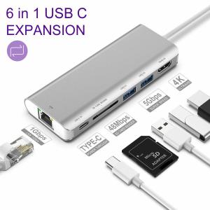 USB C Hub 6-in-1 Adapter with PD Power Delivery,1Gbps Ethernet Port,Thunderbolt 3 Compatible SD Card Reader Laptops