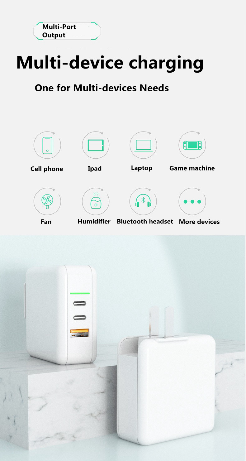 Changeable Plug Type C 2 USB Ports 61W GaN Travel Charger