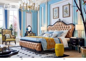 Wholesale Wooden Carved Design Royal Leather Solid Wood Bed from china suppliers