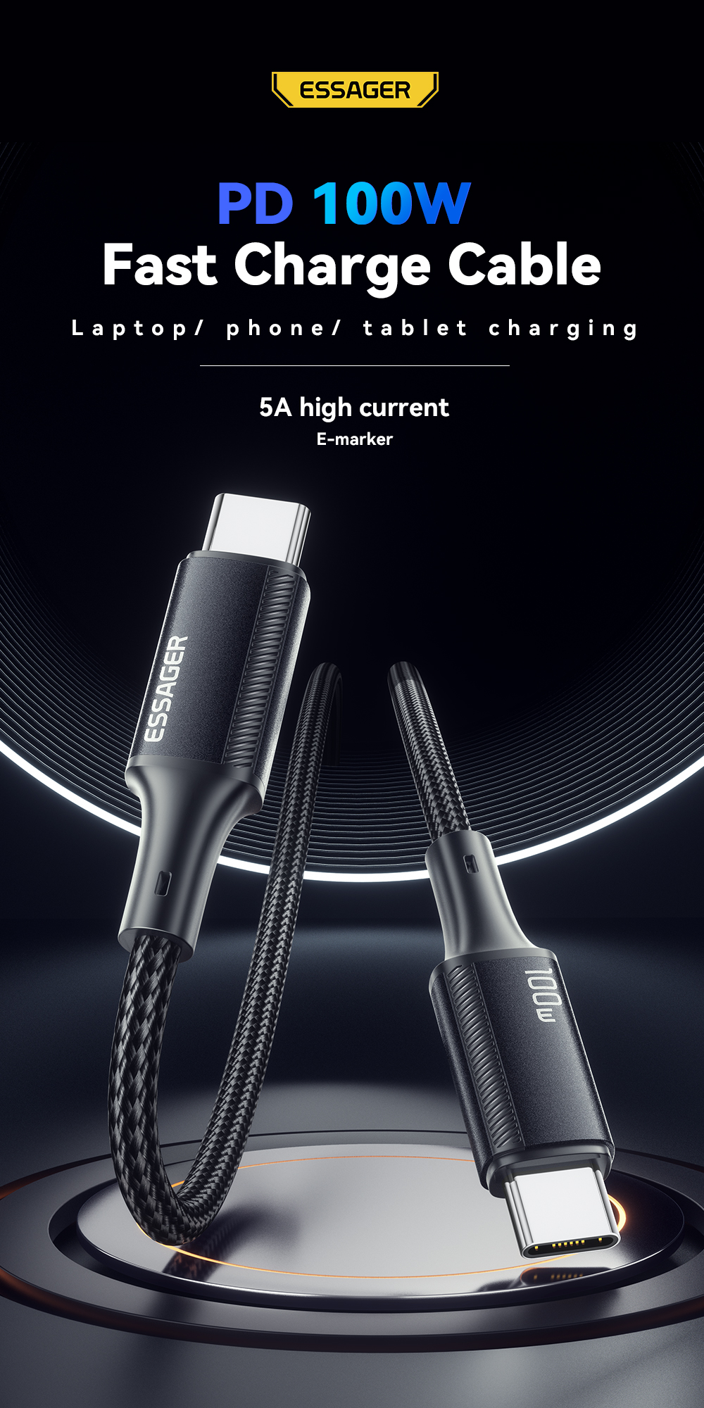ESSAGER ES-X45 Series USB C to C Fast Charging Cable 100W 1m 2m 3m