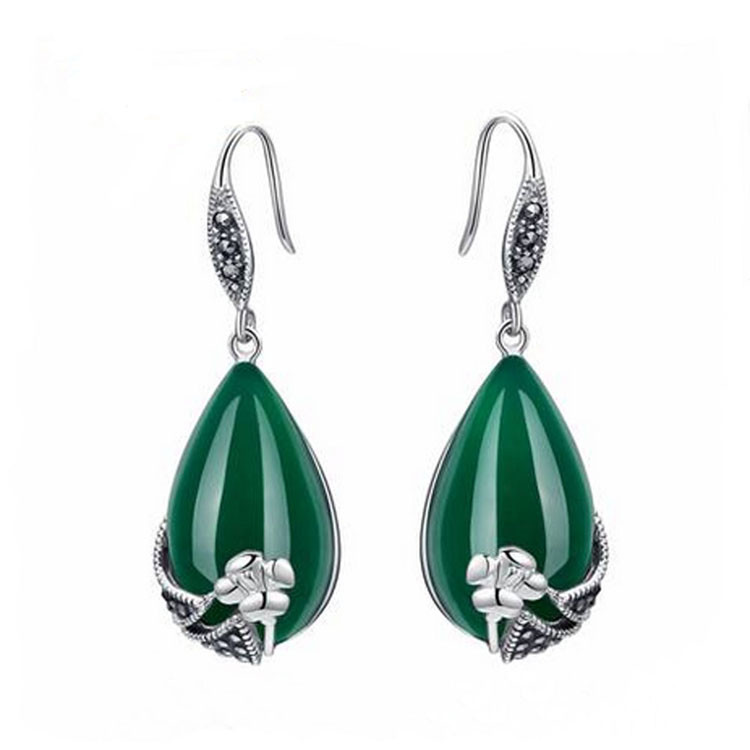 Sterling Silver Green Agate Dangle Earrings Thai Vintage Jewelry (E12037)