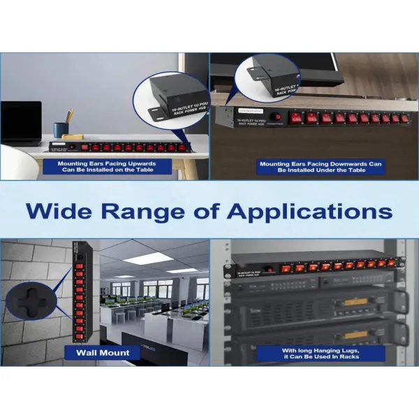 8 Outlet Horizontal 1u Rack Mount PDU Power Strip for Network Server Racks - Surge Protection - 120V/15A - W/ 6FT Power Cord