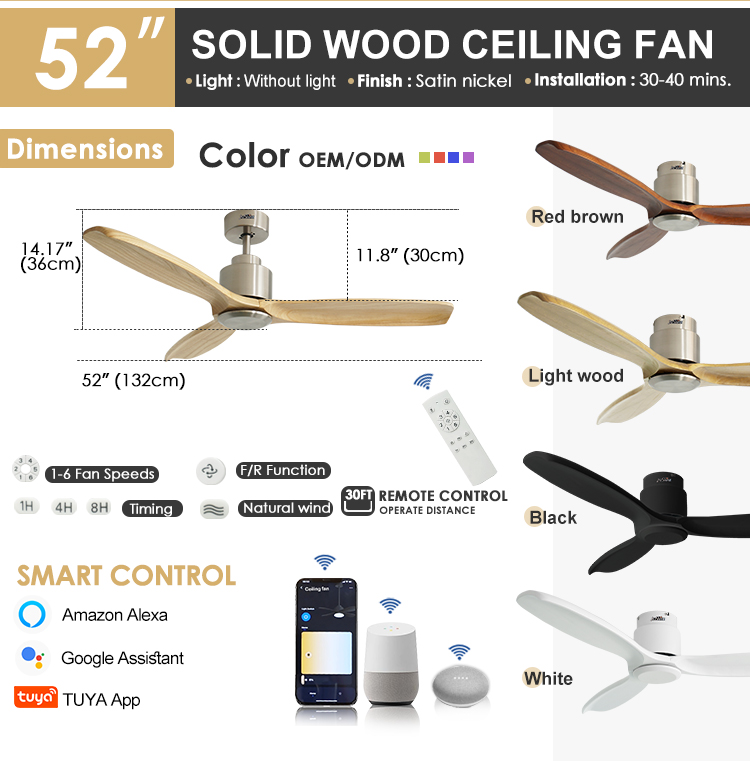 Solid Wood Blades DC Ceiling Fan with Large Airflow Class A Energy Efficiency Rating
