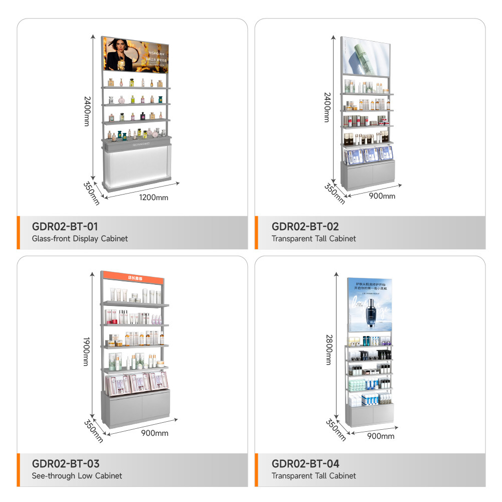 Makeup Store Table Grey Oiled Wooden Skincare Cabinet With Led Lights For Retail Store Interior Design And Space-Saving Display Counter