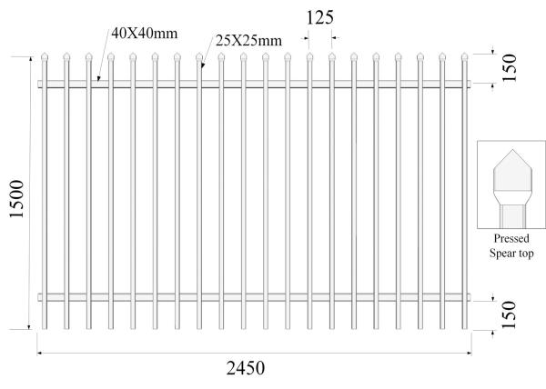 1800mm height x 2450mm crimped spear Hercules fence panels upright 25mm x 25mm x