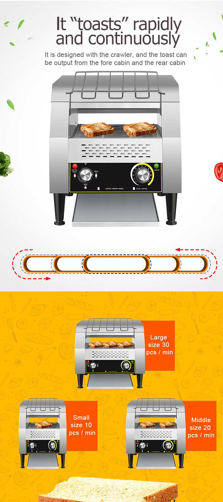 Stainless Steel Housing Commercial Electric Belt Conveyor Bread Toaster for Commercial