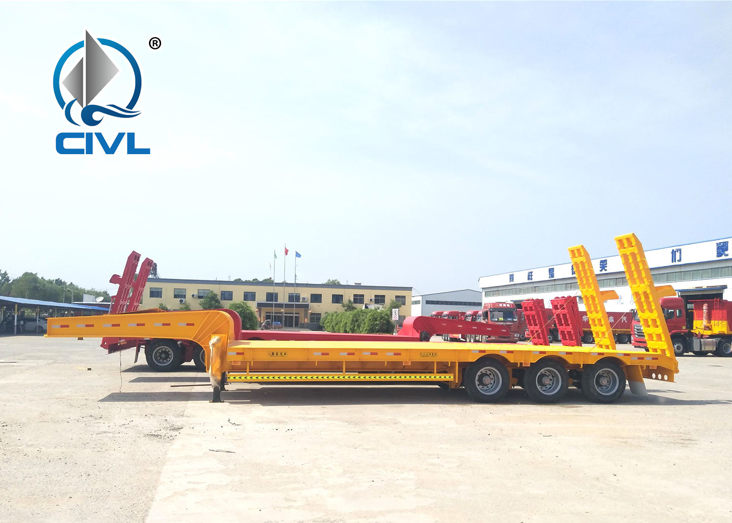 50 Tons Low Bed Semi Trailer , 3 Axles Flat Low Flatbed Trailer Manual Transmission