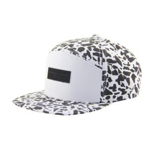 Wholesale Fashion Allover Print 5 Panel Camp Caps With Leather Patch Embossed Logo On Front from china suppliers