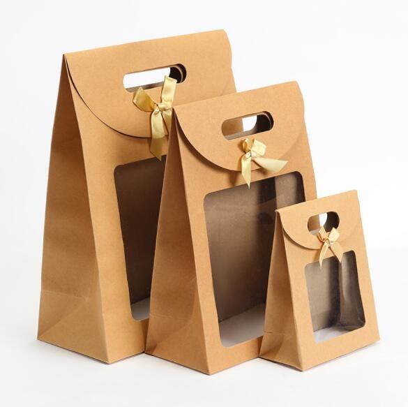Bow - Knot Die Cut Handle Kraft Packaging Bags With Opening Window Brown Stand