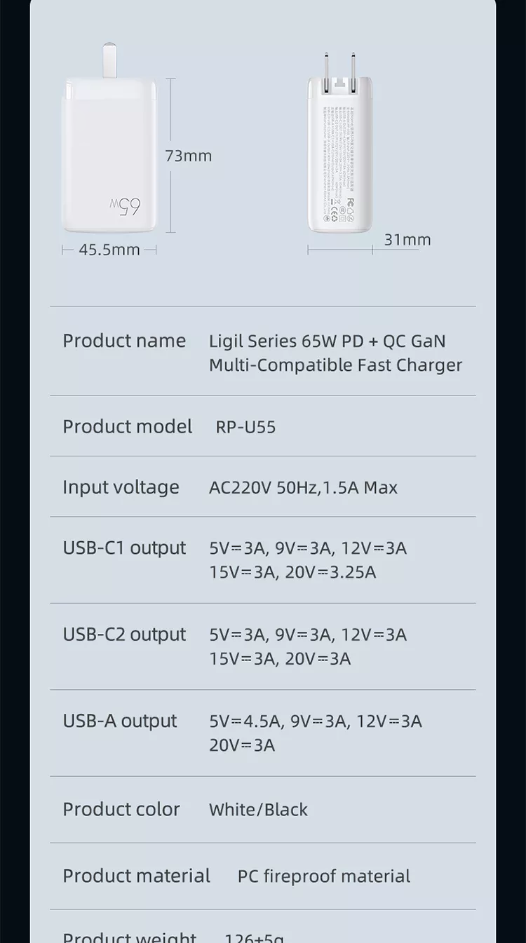 65W USB Type C GAN Wall Charger EU Plug for Fast Charging Laptops and Phones Portable