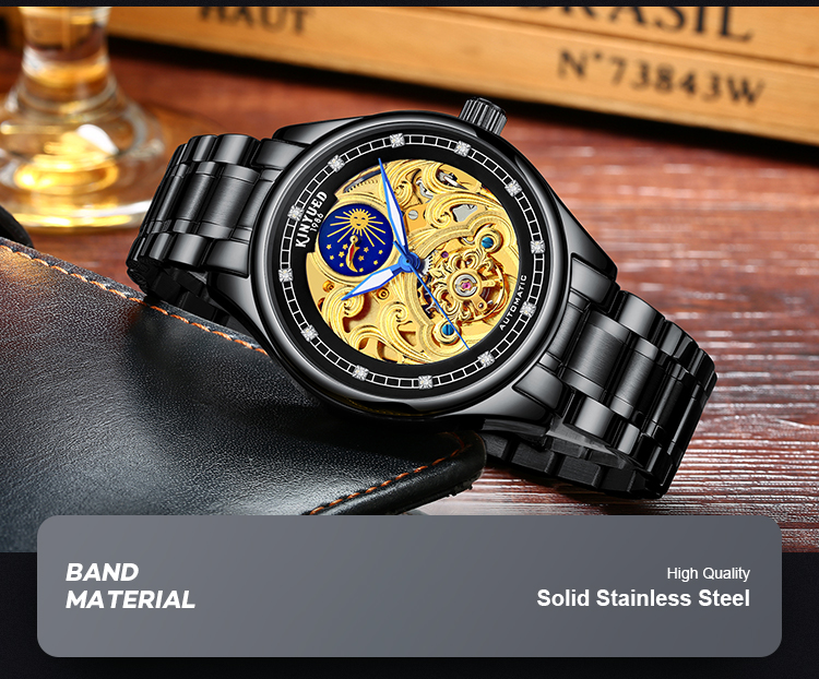 KINYUED popular stainless steel classical automatic luminous hands mens automatic skeleton watch