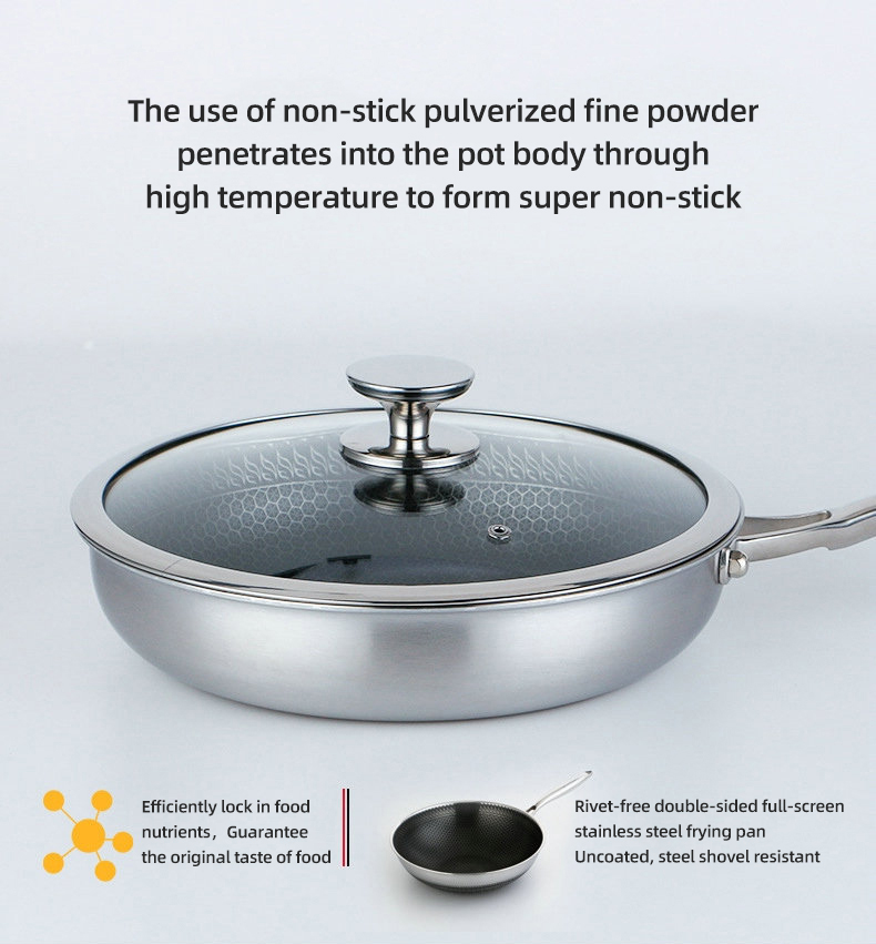Custom Logo 304 Stainless Steel Frypan Non Stick Universal Oil Free With Glass Lid