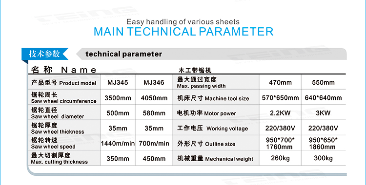 Wood Cutting Band Saw Machine MJ345 and Improved with 3500mm Saw Wheel Circumference