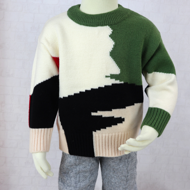 Custom Knitted Pattern 100% Cotton Wool Woolen Yarn Color Combination Toddler Baby Boy Sweater for Kids Winter Wear