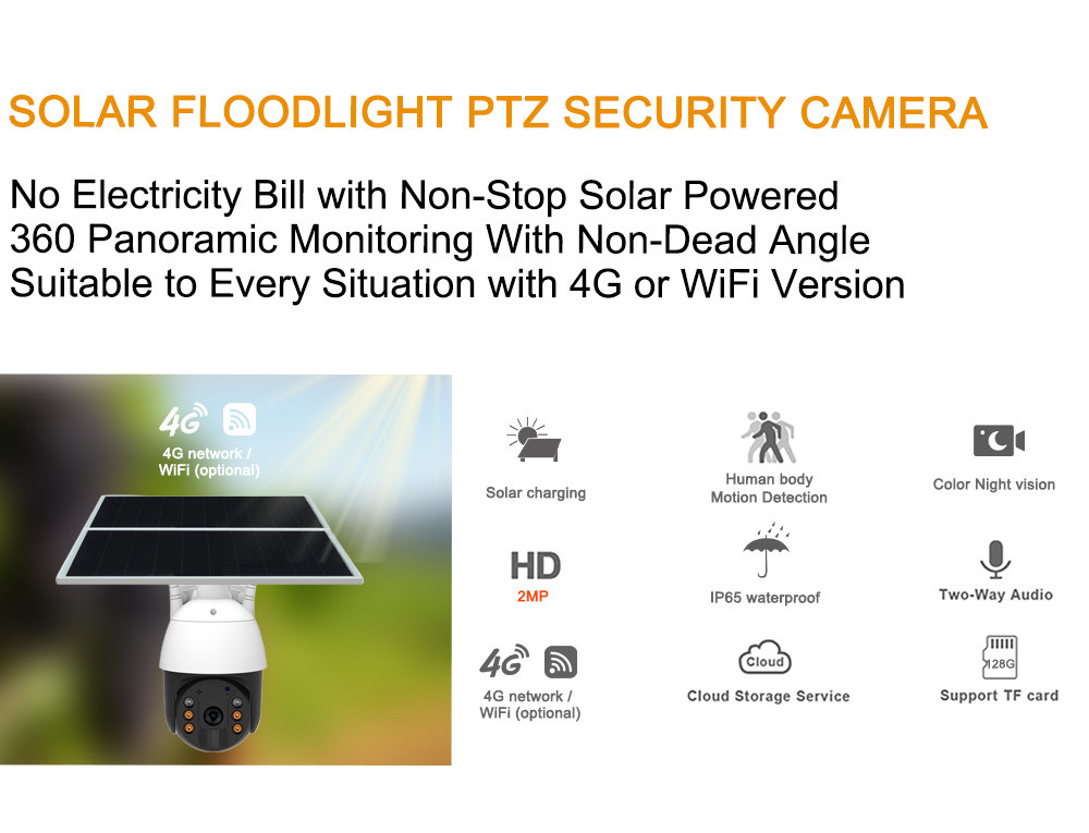 2MP 20W Slicing Solar Panel Powered Camera IP65 Weatherproof 4G Outdoor Solar Camera