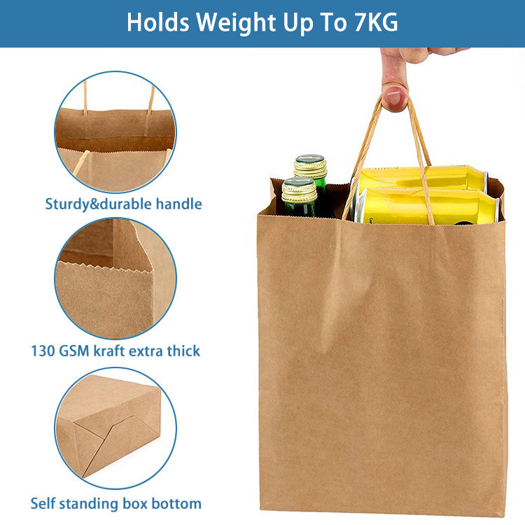 Custom Logo Printing Disposable Brown Kraft Paper Bag with Handle for Food Takeout Shopping Gifts