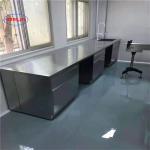 Silver Stainless Steel Lab Bench with 2 Cabinets and As Drawing Number of Legs