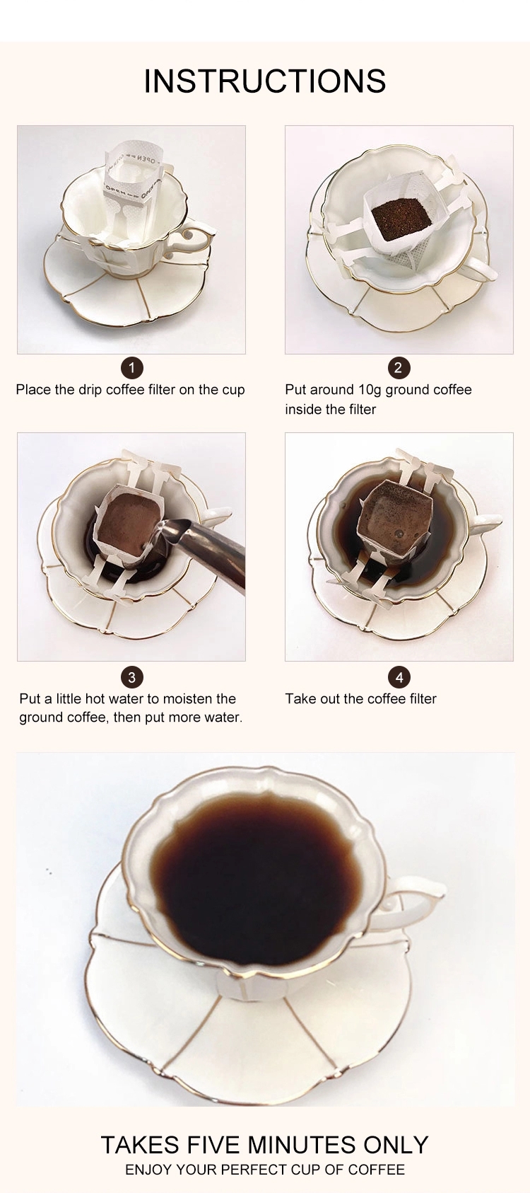 Gravure Printing CPP Drip Coffee Filter Bags Ear Hanging 74*90mm