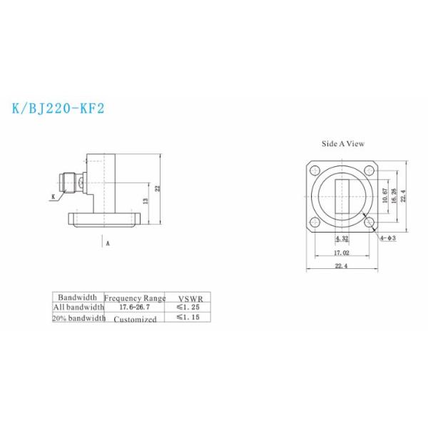 WR42 K 2.92mm Waveguide To Coaxial Adapter Square Cover Grooved Flange