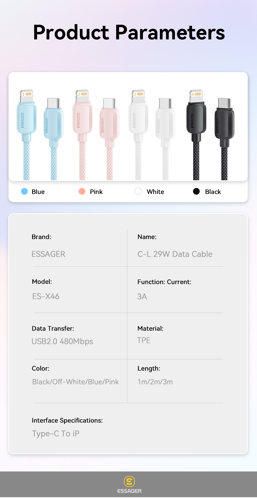 ESSAGER C-L PD 29W IP 12 13 15 USB C Cable Fast Charging ES-X46 Series