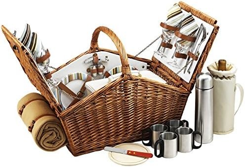 Picnic at Ascot Huntsman English-Style Willow Picnic Basket with Service for 4, Coffee Set and Blanket- Designed,