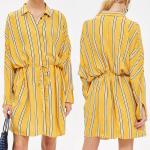 Yellow Stripe Drawstring Ladies Casual Shirt Dress Long Sleeve for Women