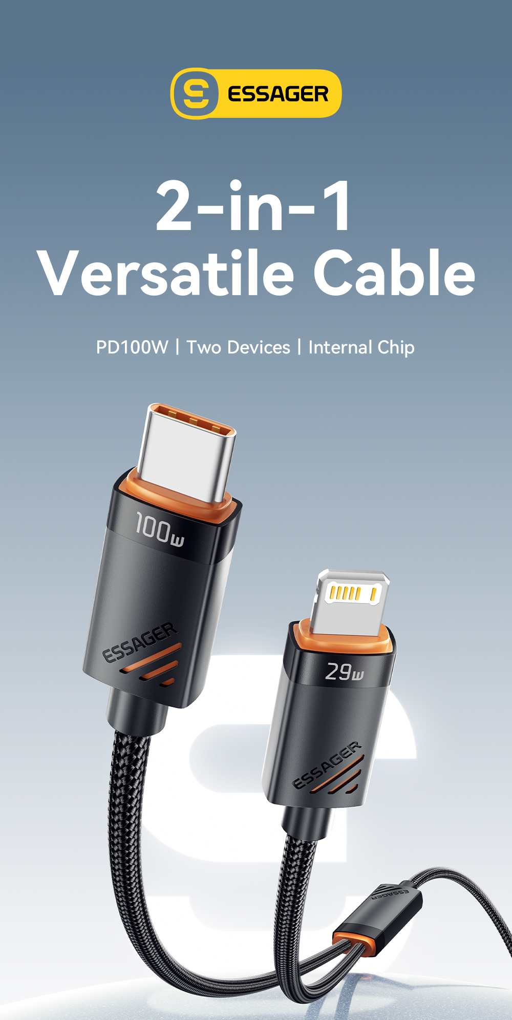 ESSAGER ES-X66 2 in 1 Cable USB C to Type C Lighting Data Charging Cable