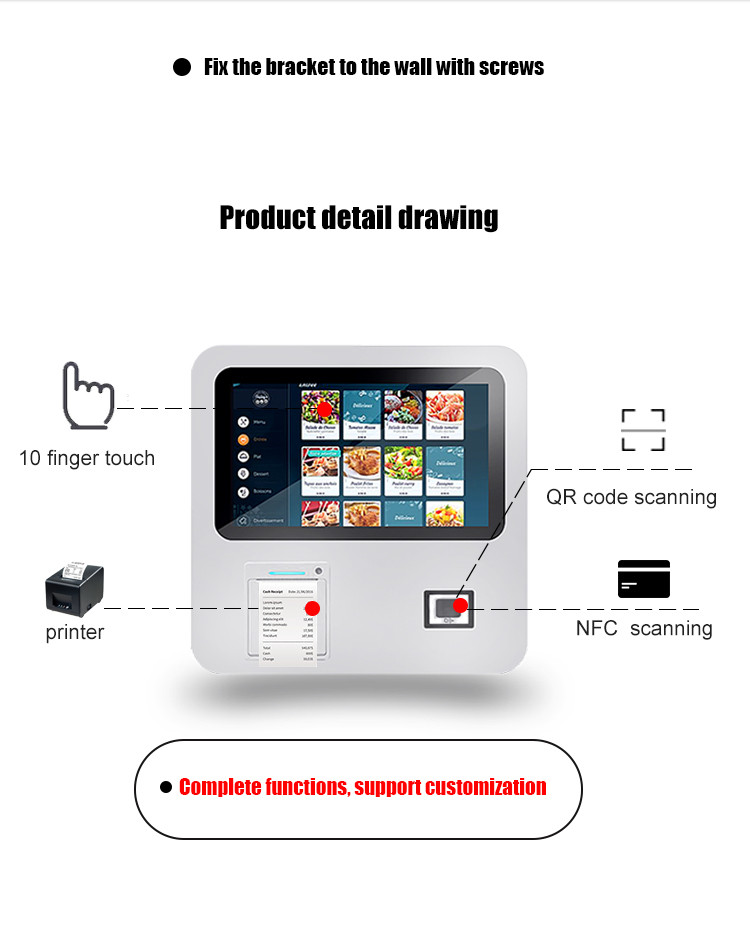 15.6" Wall Mount Self Service Food Ordering Payment Kiosks For Restaurant