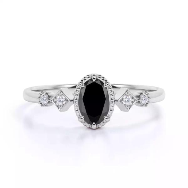 Oval Cut Black and White Diamond Accents Milgrain 5 Stone Engagement Ring 1.5