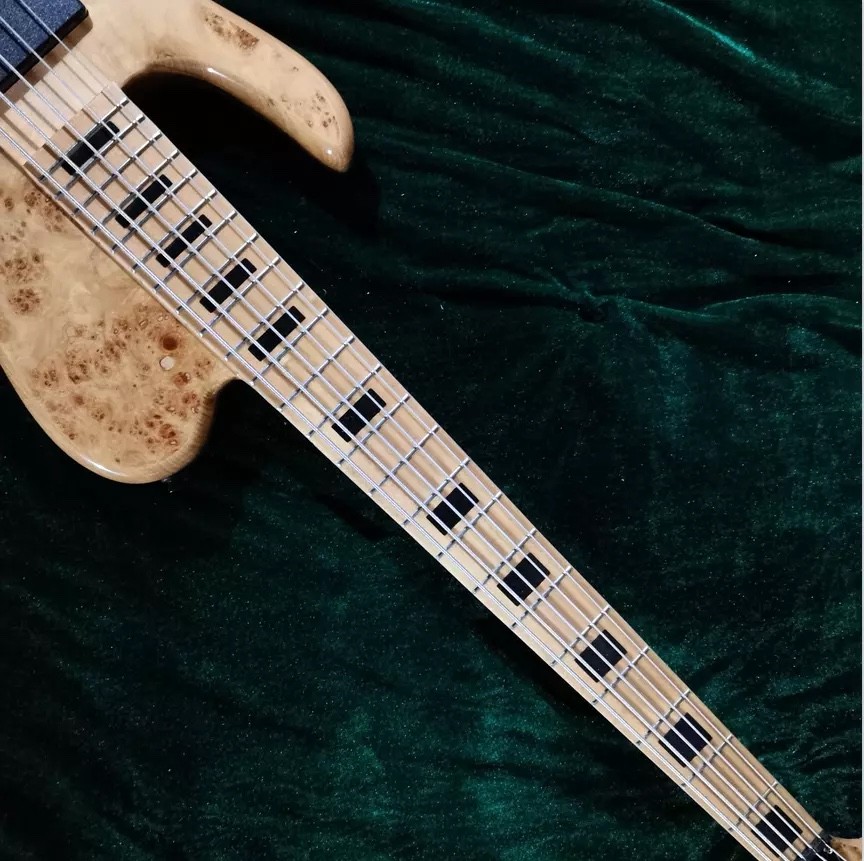 Custom Natural Burl Color One Piece Neck Through 5-Strings Left Handed Electric Bass Guitar