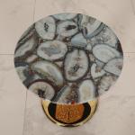 Agate Top Shiny Finish Stainless Steel Round End Table Gold Metal Base Glass